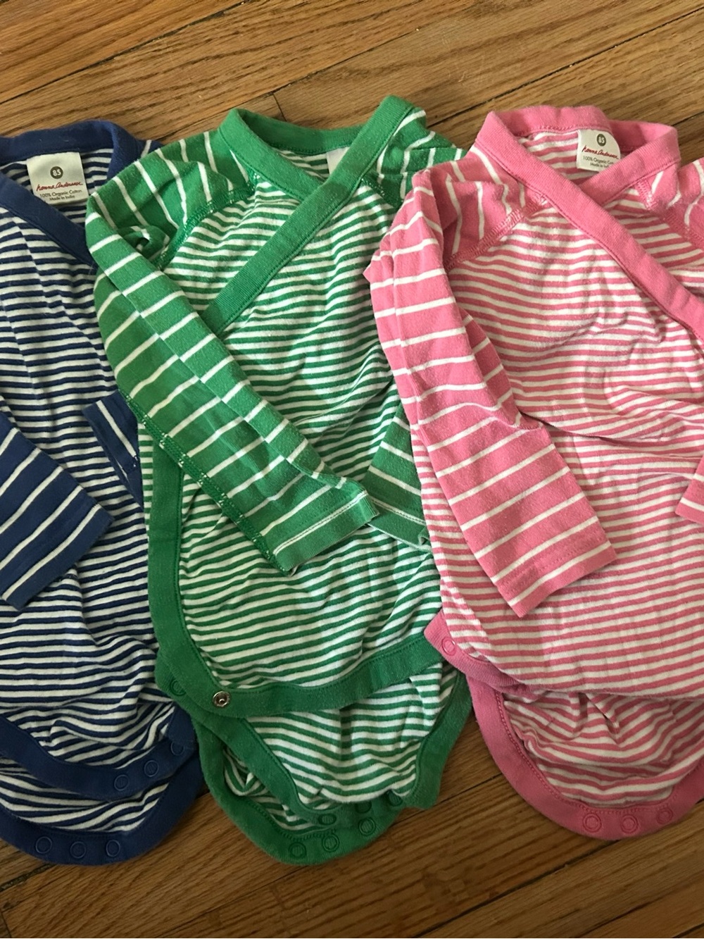 Hanna Andersson Striped Kimono Onesie tops in Pink, Green, Navy (3-Pack)